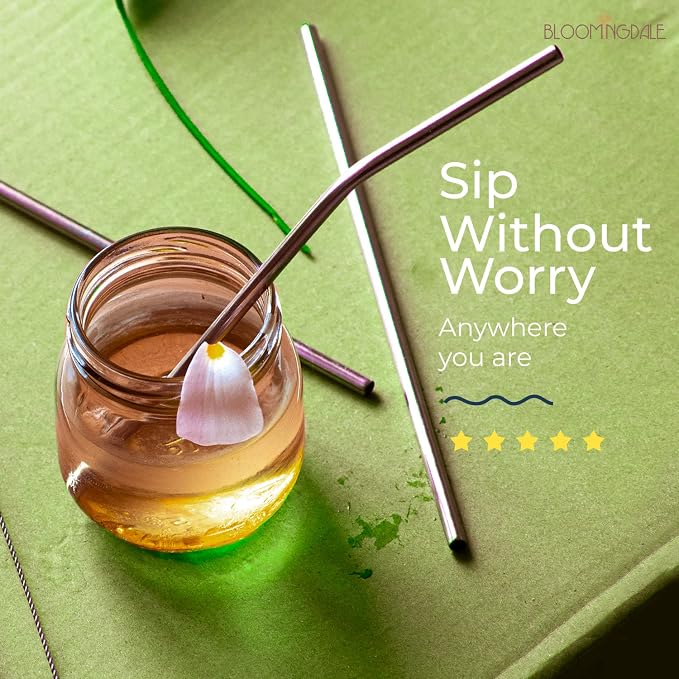 Bloomingdale Straw Reusable Stainless Steel Straw with Cleaning Brush- Long Metal Straws for Drinking Juice, Smoothie, Beverage, Reusable Set of 5 (2- Bend Pipe, 2- Long Straw, 1-Cleaning Brush)