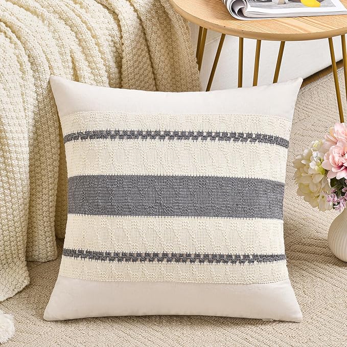 Fancy Homi Set of 1 Neutral Grey Farmhouse Decorative Throw Pillow Covers 22x22 Inch for Couch Bed Chair Indoors, Vintage Country Rustic Retro Room Decor, Soft Thick Cotton Handmade Woven Cushion Case