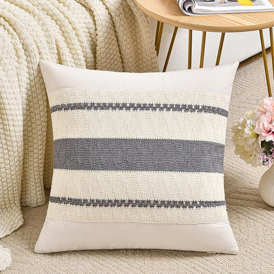 Fancy Homi Set of 1 Neutral Grey Farmhouse Decorative Throw Pillow Covers 22x22 Inch for Couch Bed Chair Indoors, Vintage Country Rustic Retro Room Decor, Soft Thick Cotton Handmade Woven Cushion Case