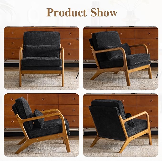 Karl home Mid-Century Modern Accent Reading Chair, Black | Chenille Upholstered, Solid Wood Frame, Soft Cushion, Lumbar Pillow, Lounge Armchair for Living Room, Bedroom, Balcony, Study