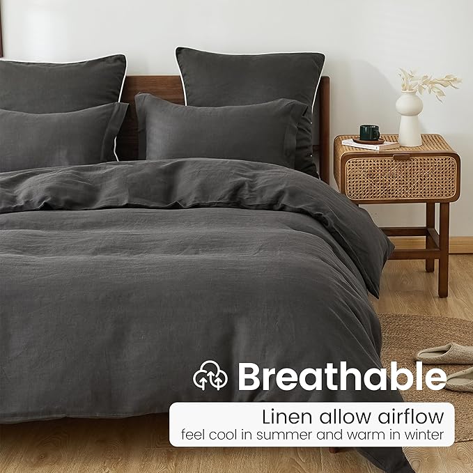 100% French Linen Pillow Shams Basic Style - Pack of 2 - Washed Solid Color Natural Flax Soft Breathable - Dark Grey, 20'' x 26''