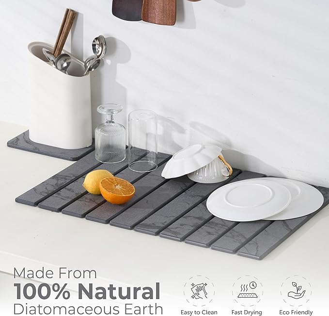 Large Stone Dish Drying Mat for Kitchen Counter,Natural Quick Dry Stone Dishes Mats,Foldable Water Absorbing Diatomaceous Earth Drying Organizer Pad for Kitchen Utensils(Dark Gray 24"×16" & 8"x4")