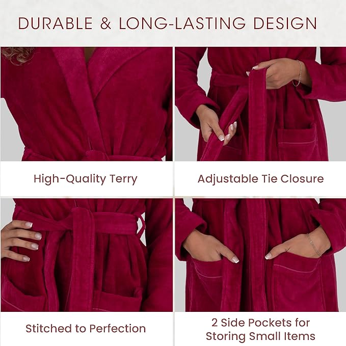 Be Relax Bathrobe for Women - Full Length Terry Cotton Robe with Shawl Collar and Hood, Warm and Cozy Robe with Belt & Pocket
