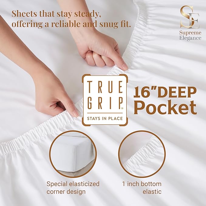 SUPREME ELEGANCE 100% Organic Cotton Queen Sheet Set (4 Pieces), Percale, Crisp, Breathable & Cooling Sheets for Hot Sleepers, Brushed for Softness, Includes 16" Deep Pocket Fitted Sheet, Light Ivory