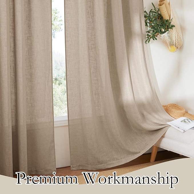 RYB HOME Privacy Semi Sheer Linen Curtains 72 inches Long, Rod Pocket & Back Tab Linen Blend Elegant Light Filtering Privacy Protected Panels for Farmhouse Cottage, Khaki, 52" W, 2 Panels