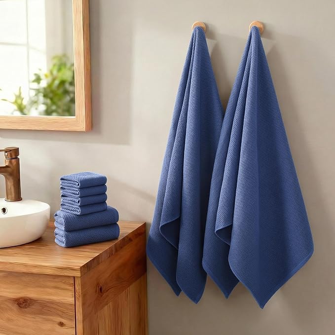 REDKISS Quick Dry Waffle Towel Set of 8, 100% Cotton,Lightweight & Highly Absorbent Waffle Towels for Bathroom, Spa, Gym, Pool-2 Bath Towels, 2 Hand Towels & 4 Washcloths,Blue