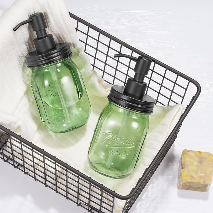 Amolliar 16OZ Green Glass Mason Jar Liquid Soap Dispenser Bundle With Amber Glass Qtip Holder, Apothecary Jars with Matte Black Metal Lid & Stickers-Bathroom Qtip Dispenser Storage Organizer Set