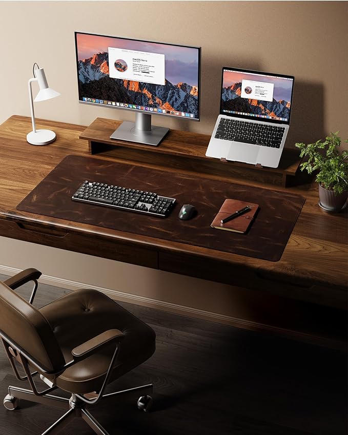 YSAGi Leather Desk Mat, 23.6"x13.8"Real Leather Desk Pad, 2mm Thick Desk Blotter with Stiched line,Oil-Wax Feel Mouse pad and Self-Healing Laptop Pad for Home & Office(Classic Dark Brown)