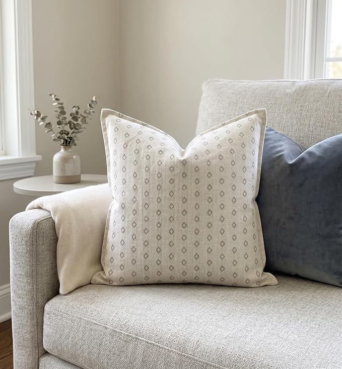 SanVia Cotton Throw Pillow Covers 20x20 – Handwoven Jacquard Texture, Fade-Resistant, No Pilling – Hidden Zipper, Decorative Cushion Cover for Sofa, Couch, Bed – Insert Not Included (Geometric, White)