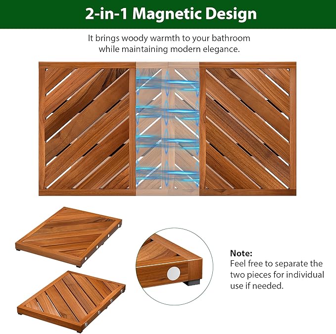 Teak Wood Bath Mat for Bathroom - (24.4" x 16.5") Non Slip Wooden Shower Mat Floor Sturdy Mats for Outside Inside Shower Luxury Spa Home or Outdoor