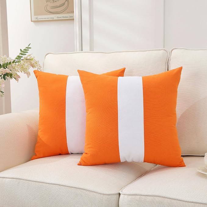 TAOSON Set of 2, Orange 100% Cotton Canvas Patchwork Throw Pillow Covers 18x18 Inch, Modern White Striped Farmhouse Decor Cushion Covers for Sofa Couch Bedroom Living Room