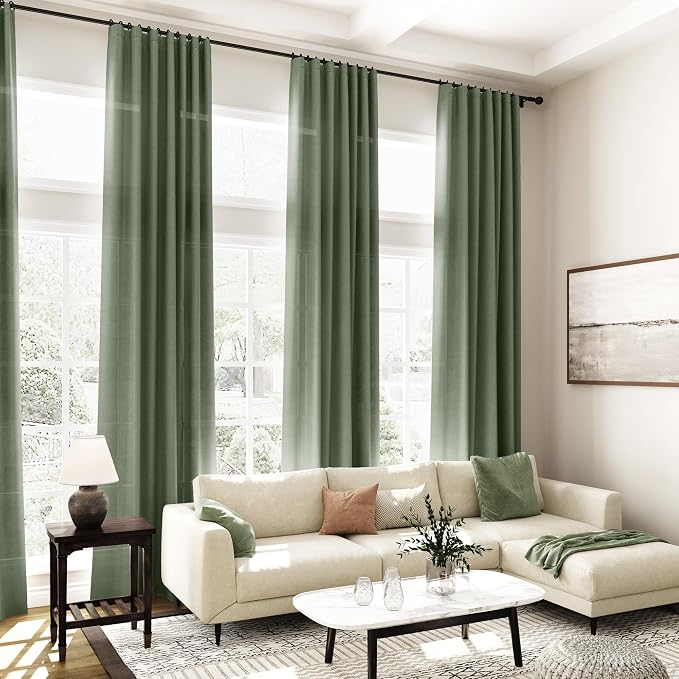 Nanspring Olive Green Linen Curtains for Living Room 2 Panels Set 94 Inch Length Back Tab Light Filtering Semi Sheer Curtain Drapes for Bedroom 52x94
