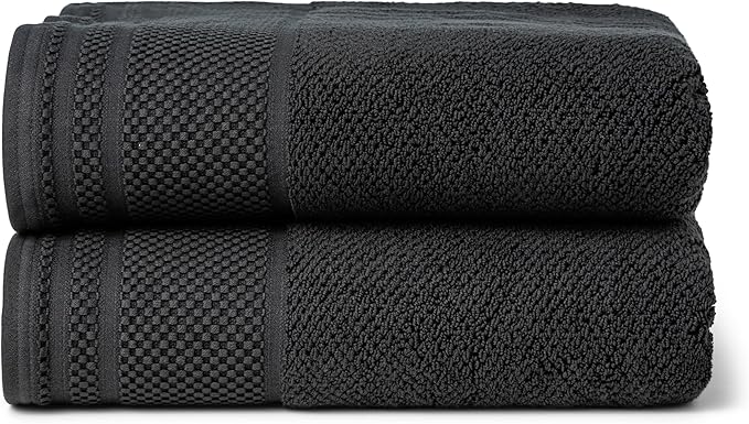Texere 100% Organic Cotton Rice Weave Jacquard 700 GSM Luxury Bath Towel Sets - Ultra Soft and Absorbent Hotel and Spa Quality (Rice Weave, Black, 2 Bath Towels)