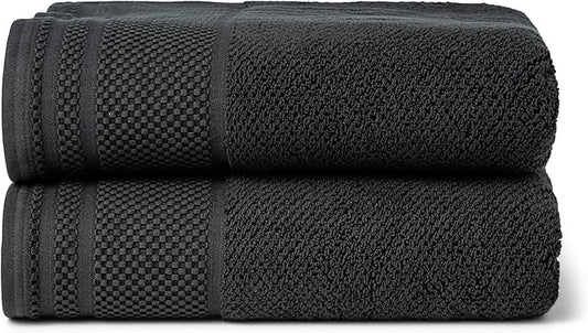 Texere 100% Organic Cotton Rice Weave Jacquard 700 GSM Luxury Bath Towel Sets - Ultra Soft and Absorbent Hotel and Spa Quality (Rice Weave, Black, 2 Bath Towels)
