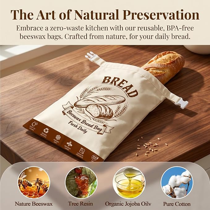 Beeswax Bread Bags for Sourdough 2 Pack 17x13 - FDA Compliant Reusable | Double-Seal Lock, Replaces Plastic Wrap, Zero Waste, for Artisan Boules, Baguettes, Homemade Loaves & Proofing Cover Included