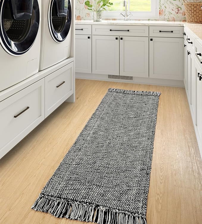 Collive Hallway Runner Rug, 2' x 5' Soft Washable Kitchen Runner Rug, Black Contemporary Modern Laundry Room Rugs Indoor Hand-Woven Cotton Carpet for Bedroom Entryway Front Door Farmhouse