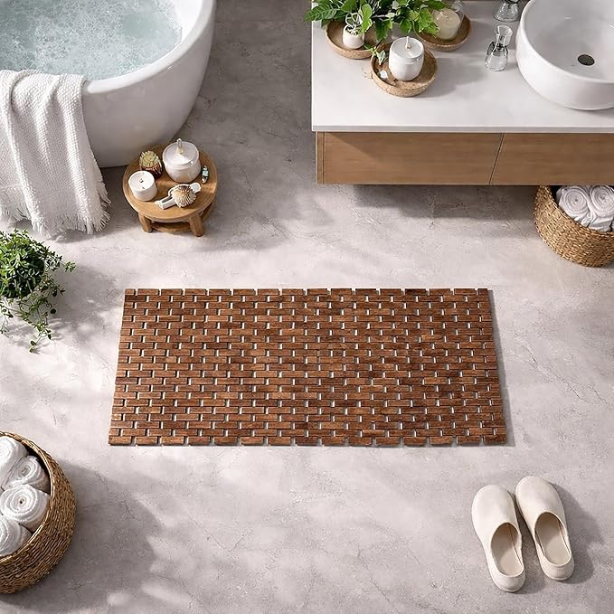 EVIDECO French Home Goods Rectangular Natural Bamboo Bathroom Mat - Non Slip Bath Mat - Perfect for Shower, Spa, Sauna and Bathroom Decor - Foldable Duckboard, 16 x 40 inches, Brown