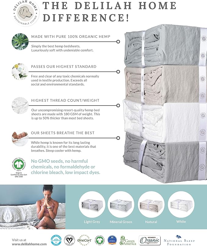 Delilah Home King Pillow Cases - 100% Organic Hemp GOTS Vegan, 180 GSM 400 Thread Count Soft Hypoallergenic King Size Pillow Cases, Machine Washable Hemp, Made in Portugal - 2 Pieces Mineral Green