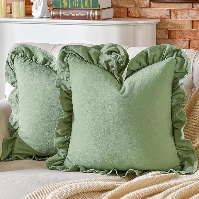 AmHoo Pack of 2 Throw Pillow Covers 100% Cotton Pre Washed Ruffle Decorative Pillowcase Cushion for Couch Sofa Bedroom 16 x 16-Inch Sage Green