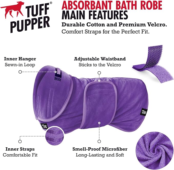 Tuff Pupper Fast Drying Dog Bath Robe | 800 GSM Plush Dog Towel Bathrobe/Dressing Gown | Super Absorbent Pet/Puppy Bathrobe | Adjustable Hood & Belly Strap | Super Soft | Fast Drying (XXL, Purple)