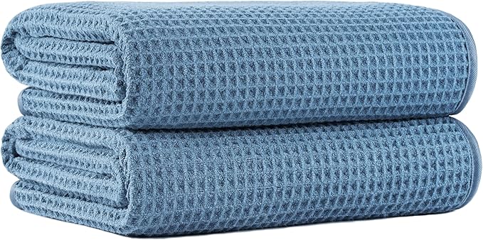 MICROFI New Microfiber Waffle Bath Towels, 2 Pieces, Oversized, Soft, Absorbent, Fast Drying, Lint Free 430 GSM (Blue)