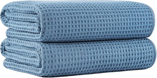 MICROFI New Microfiber Waffle Bath Towels, 2 Pieces, Oversized, Soft, Absorbent, Fast Drying, Lint Free 430 GSM (Blue)