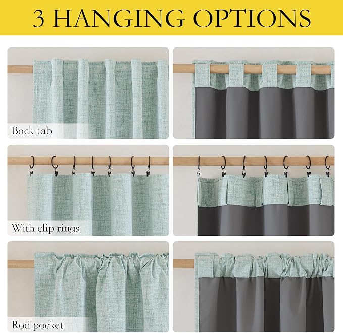 NICETOWN Seafoam Green 100% Blackout Back Tab Curtains 84" Long 2 Panels, Boho-Chic Thick Linen Blend Drapes, Thermal Insulated Window Draperies with White Backing for Living Room (42" Wide)