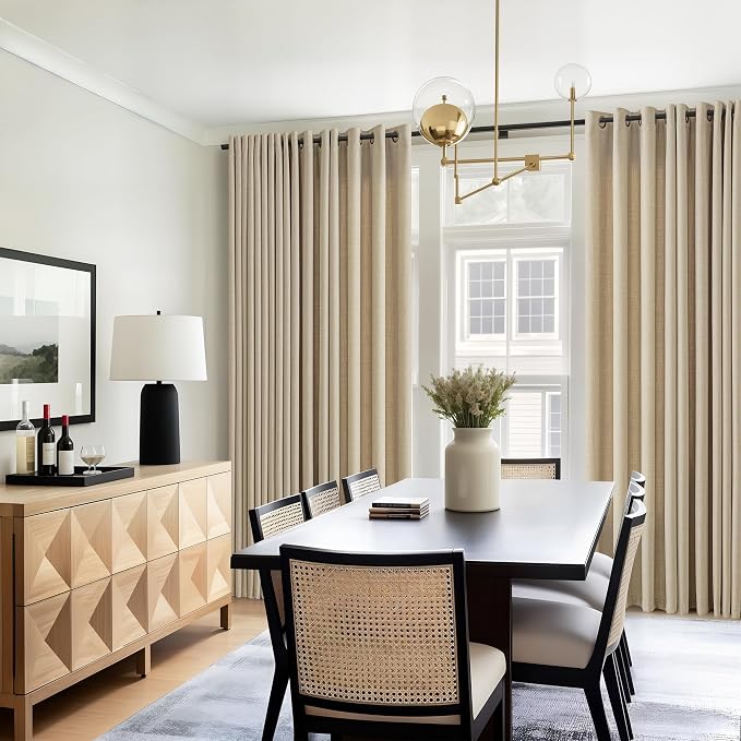 Oatmeal 105 Inch Linen Curtains for Living Room Bedroom 2 Panels Set Bronze Grommet Privacy Semi Sheer Curtains Farmhouse Modern Neutral Window Drapes for High Ceiling Patio Sliding Door Sand Beige