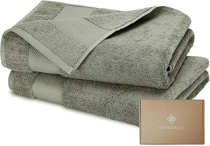 BIOWEAVES 100% Organic Cotton 700 GSM Plush Luxury Bath Towels for Bathroom 30" x 58" GOTS Certified - Sage, Pack of 2