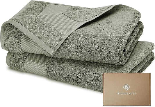 BIOWEAVES 100% Organic Cotton 700 GSM Plush Luxury Bath Towels for Bathroom 30" x 58" GOTS Certified - Sage, Pack of 2