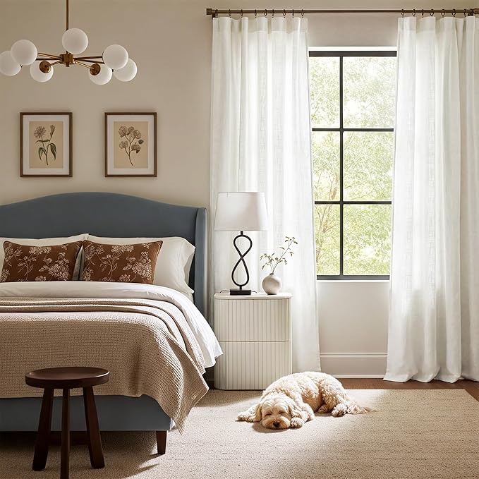 NICETOWN Thick Linen Curtains 84 inch Long 2 Panels Set, 55" Wide White Flax Linen Blend Organic Privacy Window Drapes Rod Pocket & Back Tab with Light Filtering for Bedroom/Living Room