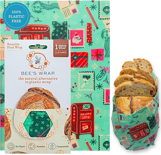 Bee's Wrap Beeswax Wraps for Bread - Beeswax Bread Wrap for Sourdough & Bread Storage - Plastic Free Made in USA Reusable Natural Food Wrap - Seasons Greetings