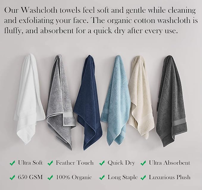 Organic Cotton Luxuriously Plush Washcloths Pack of 6 | GOTS & Oeko-TEX Certified | Premium Quality Face Towels | Feather Touch Technology|650 GSM Long Staple|Soft, Quick Dry & Ultra-Absorbent
