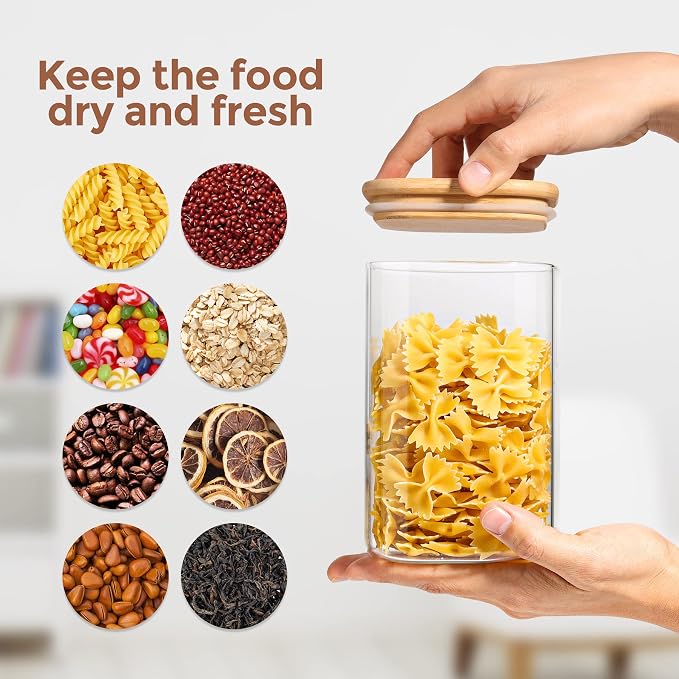 ComSaf Airtight Glass Storage Canister with Wood Lid (50oz&37oz), Clear Food Storage Container Jar with Sealing Bamboo Lid for Noodles Flour Cereal Rice Sugar Tea Coffee Beans, Set of 7