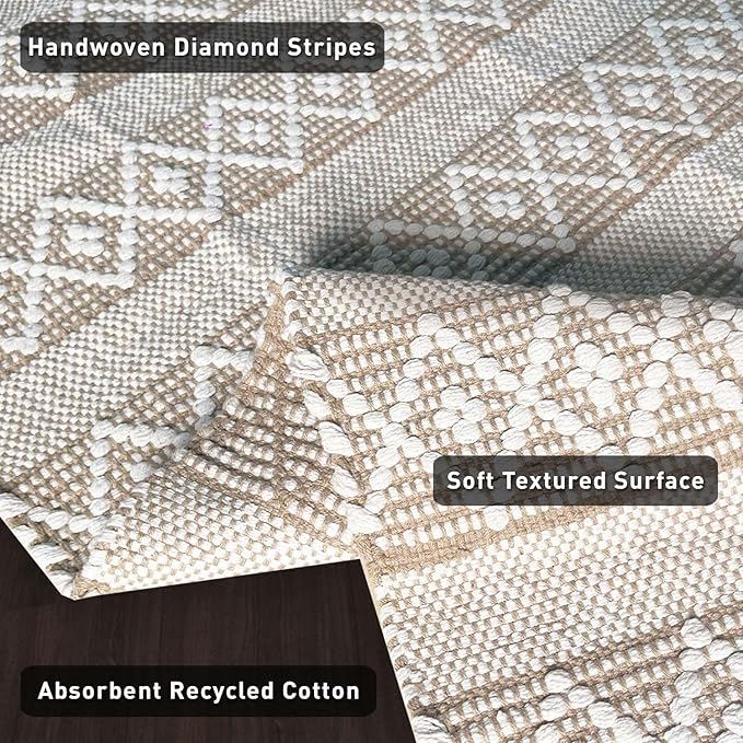 Chardin home Beige & White Boho Throw Rug 2x3 feet |Hand Woven Farmhouse Rug | Great in Kitchens entryways doormats Bathrooms Meditation Mat | Machine Washable & Reversible Cotton Rugs