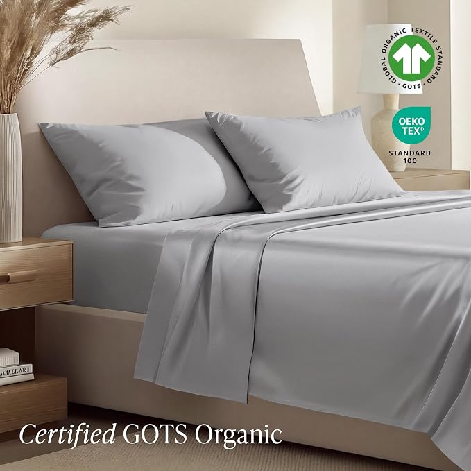 Bare Home 100% Organic Cotton King Sheet Set - 400 Thread Count - Smooth Sateen Weave - Breathable & Cooling - Hotel Luxury Set - Deep Pocket Bed Sheets (King, Light Grey)