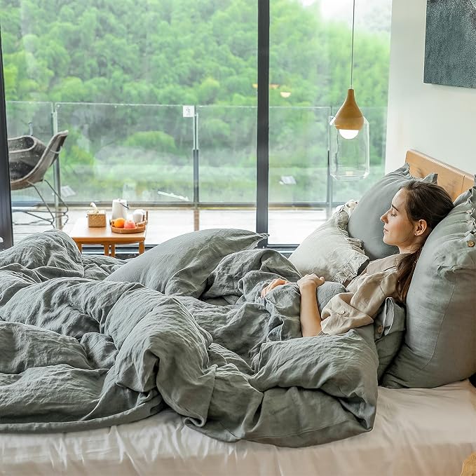 Simple&Opulence 100% Linen Duvet Cover Set 3pcs with Coconut Button Closure Natural French Washed Flax Solid Color Soft Breathable Farmhouse Bedding - Cushing Green, Full Size