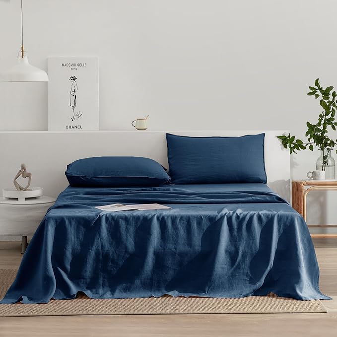 EVERLY Linen Sheets Set California King Size,100% French Washed Pure Linen Sheets Set,4Pieces(1Flat Sheet,1Fitted Sheet,2Pillowcase)Suitable for Hot Sleepers,Deep Pocket Natural Bedding Set-Navy Blue
