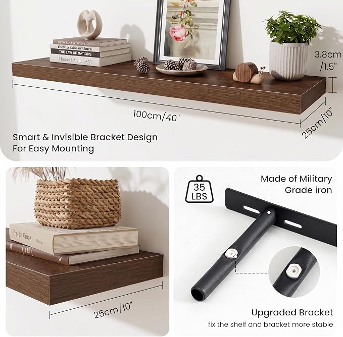 Fun Memories Floating Shelves Set of 2, 40 Inch Long Wooden Wall Shelves, 10 Inch Deep Wall Mounted Storage Shelf with Metal Brackets for Living Room, Bathroom, Bedroom and Kitchen, Walnut