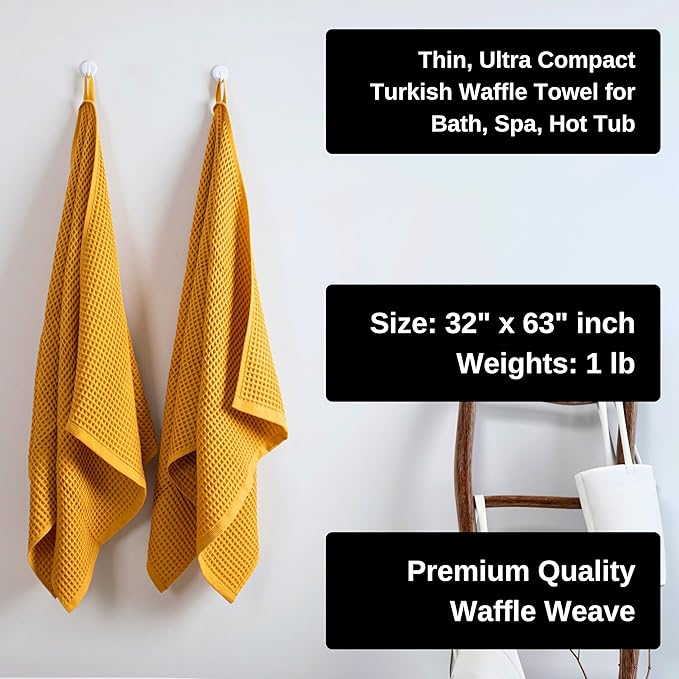 PÜSKÜL Pack of 2 Waffle Bath & Spa Towels - Premium 100% Turkish Organic Cotton - Quick Dry Thin Bath Towel for Bathroom - Made in Turkey (Mustrad Yellow, 32x63 inch)