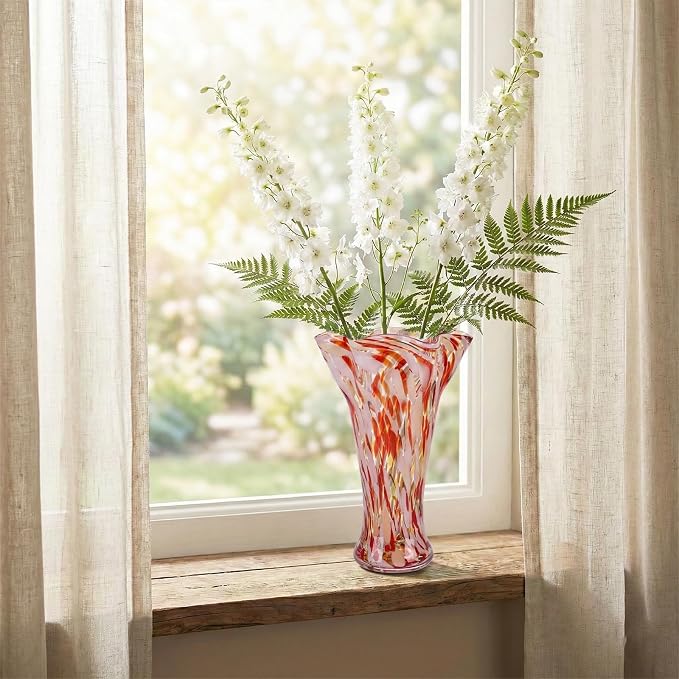 9.0" H Red Glass Vases for Flowers, Unique Hand Blown Glass Vase Home Decor, Wide Mouth Colorful Flower Vase Centerpieces, for Living Room Table Bookshelf, Bathroom Office Shelf Decorative (Red)