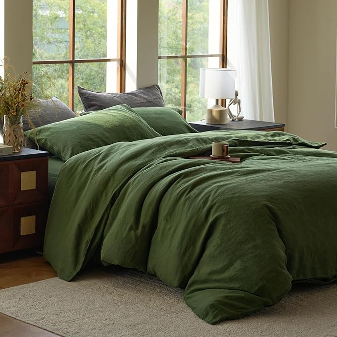 SIJO Premium Stone Washed Organic French Linen Duvet Cover, GOTS Certified Organic, Small Batch Sourced from Normandy, Best Cooling Linen Sheet Award by Sleep Foundation (Forest, King/Cal King)