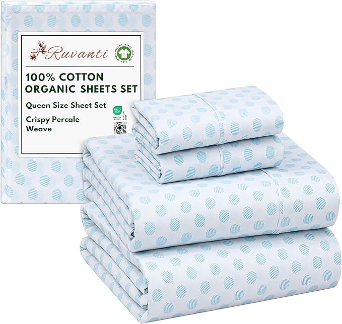 RUVANTI 100% Cotton Organic Percale Sheets Queen Size – Crisp Cooling Bed Sheets for Hot Sleepers, Deep Pocket 15”, Soft Peach Finish, Breathable & Durable Hotel-Style 4 Pcs, Circle Imprint