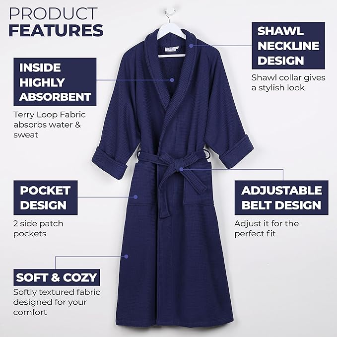 Superior Waffle Weave Cotton Unisex Bathrobe with Belt, Soft and Absorbent Robe for Men and Women Bath Essentials Robes