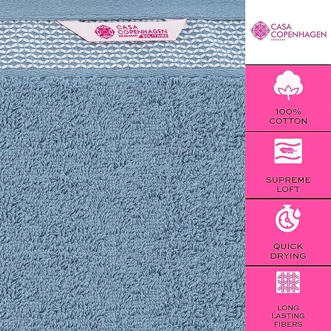 CASA COPENHAGEN Solitaire 6Pcs 100% Egyptian Cotton Large Designer Towels Gift Set- Powder Blue, 600GSM, 2Bath 2Hand 2Washcloths, Bath Towels for Bathroom Set for Women & Men