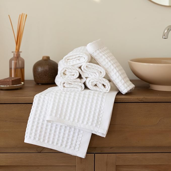 Waffle Washcloths Set of 8 White - Premium Quality 100% Turkish Cotton Face Washcloth, Soft Makeup Towel, Shower Cloth, Kitchen Towel (White, Set of 8 Washcloths)