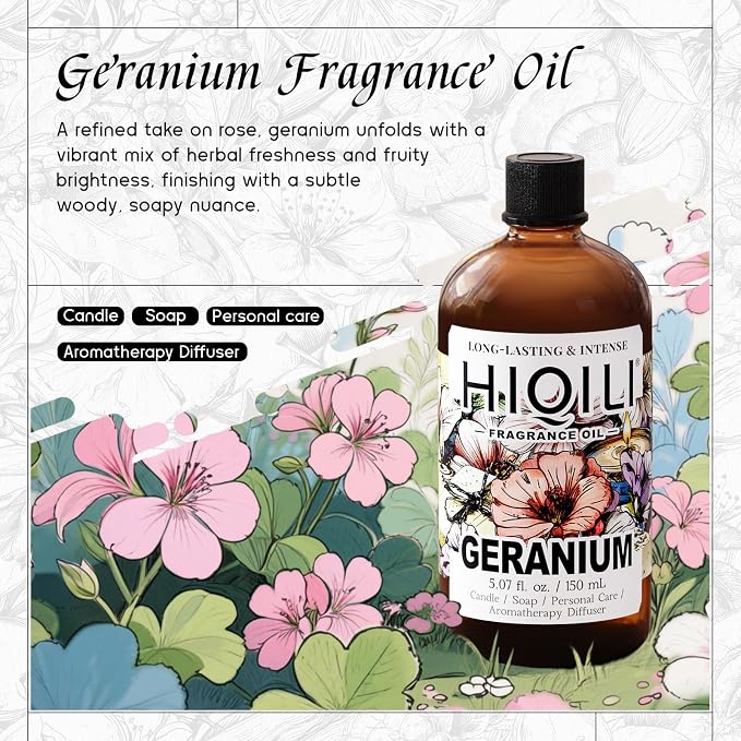 HIQILI Geranium Fragrance Oil for Diffuser & Soap Making - 5.07 Fl Oz | Essential Oil for Candle & Body Lotion Making, Long-Lasting Scents, Car Freshies - 150 ML