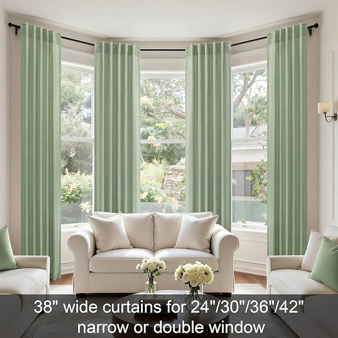 Sage Green Curtains 38 Inch Wide for Bedroom 2 Panels Back Tab Rod Pocket Semi Sheer Privacy Cotton Textured Light Filter Light Green Linen Curtains for Living Room Neutral Decor Width 38 x 96 Long