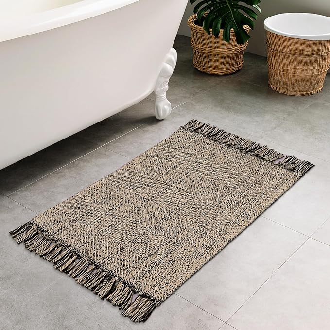 Collive Washable Small Bathroom Rug 2x3, Hand Woven Low Profile Front Door Mat Natural/Black Farmhouse Entryway Rugs, Cotton Reversible Kitchen Carpet for Foyer Bedroom Door Decor