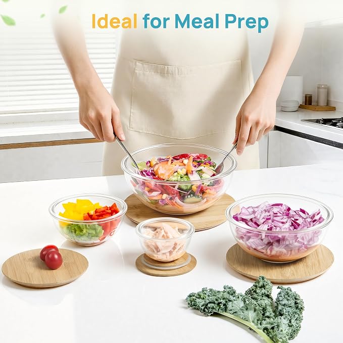 Vtopmart 4 Pack Glass Containers and 5 Pack Glass Mixing Bowls with Bamboo Lids